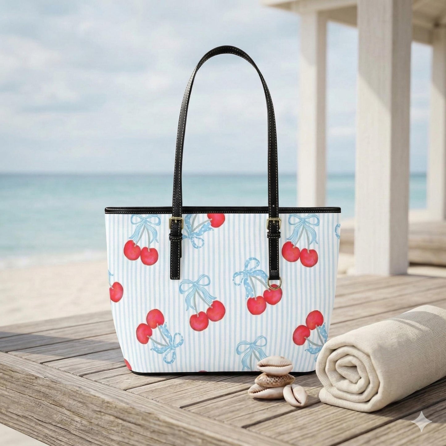 Cherry Tote Bag, Blue Stripe Bow Handbag, Picnic Purse for Boardwalk and Market