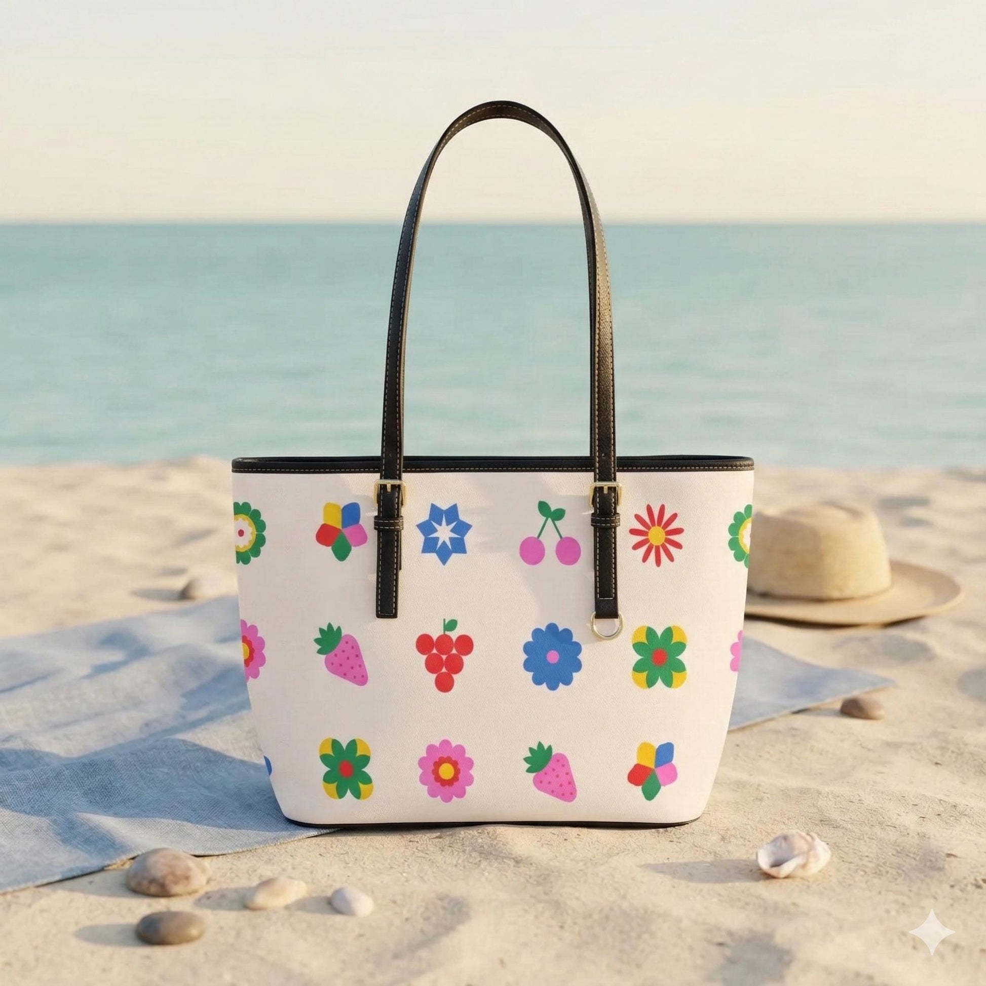 Retro Tote Bag, Fruit Print Shoulder Purse, Colorful Beach Market Bag for Summer