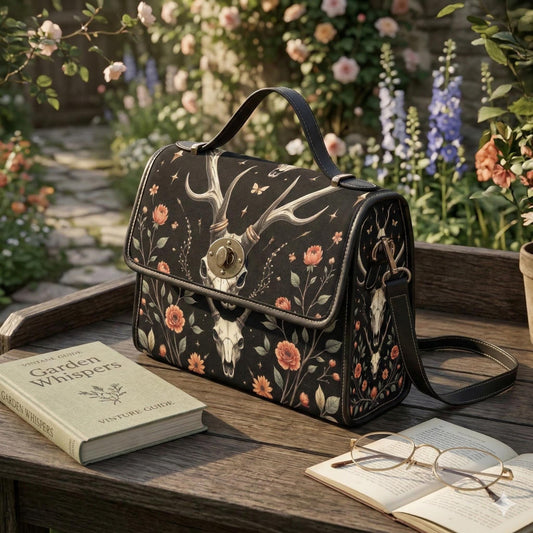Deer Skull Clutch Purse, Dark Cottage Floral Handbag, Woodland Top Handle Bag, Nature Inspired Statement Purse