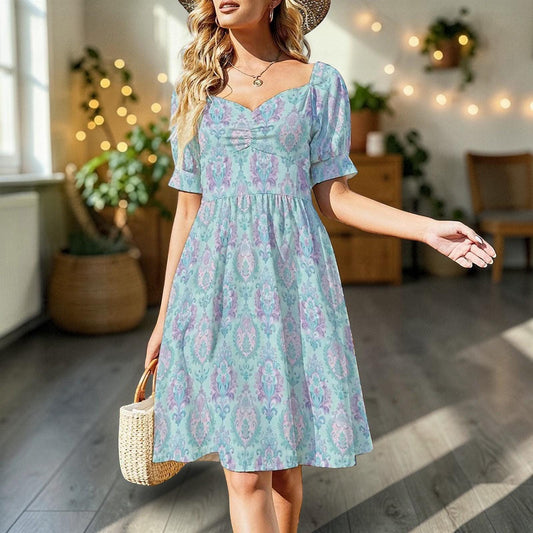 Pastel Damask Sundress, Sweetheart Neck Puff Sleeve, Cottagecore Tea Party Dress
