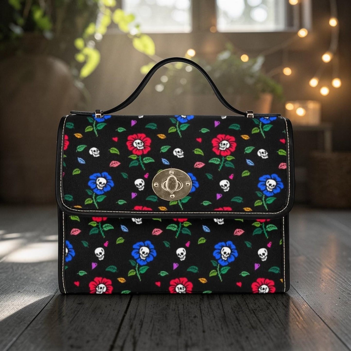 Skull Floral Satchel Bag, Spooky Pastel Goth Crossbody Purse
