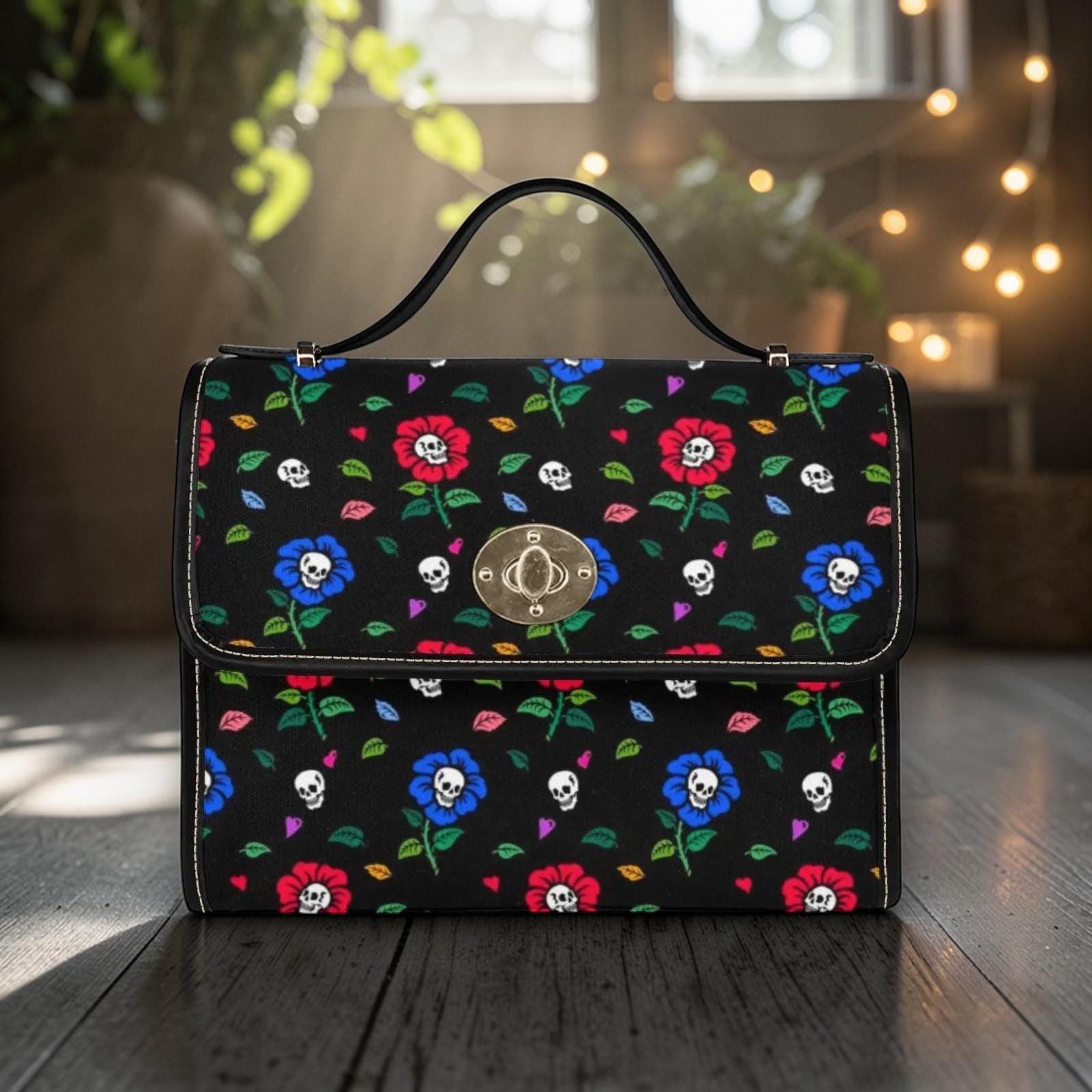 Skull Floral Satchel Bag, Spooky Pastel Goth Crossbody Purse