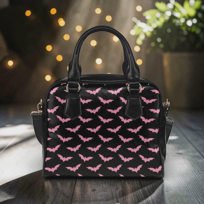 Pink Bat Satchel Purse, Black Handbag with Strap, Pastel Goth Everyday Bag