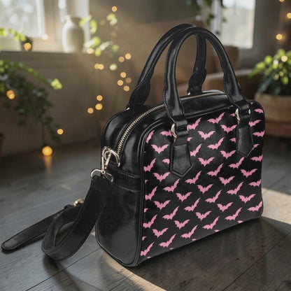 Pink Bat Satchel Purse, Black Handbag with Strap, Pastel Goth Everyday Bag