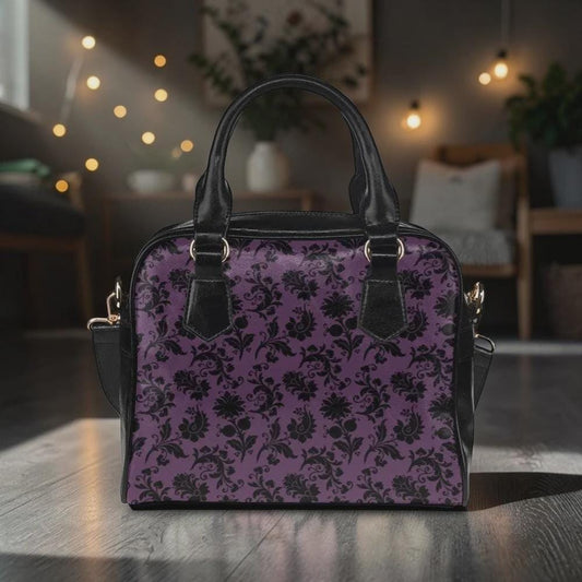 Purple Damask Purse, Victorian Top Handle Bag, Baroque Gothic Handbag