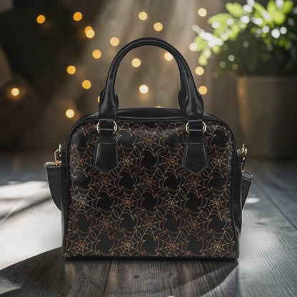 Spiderweb Handbag, Halloween Satchel Purse, Black Bowler Bag with Crossbody Strap