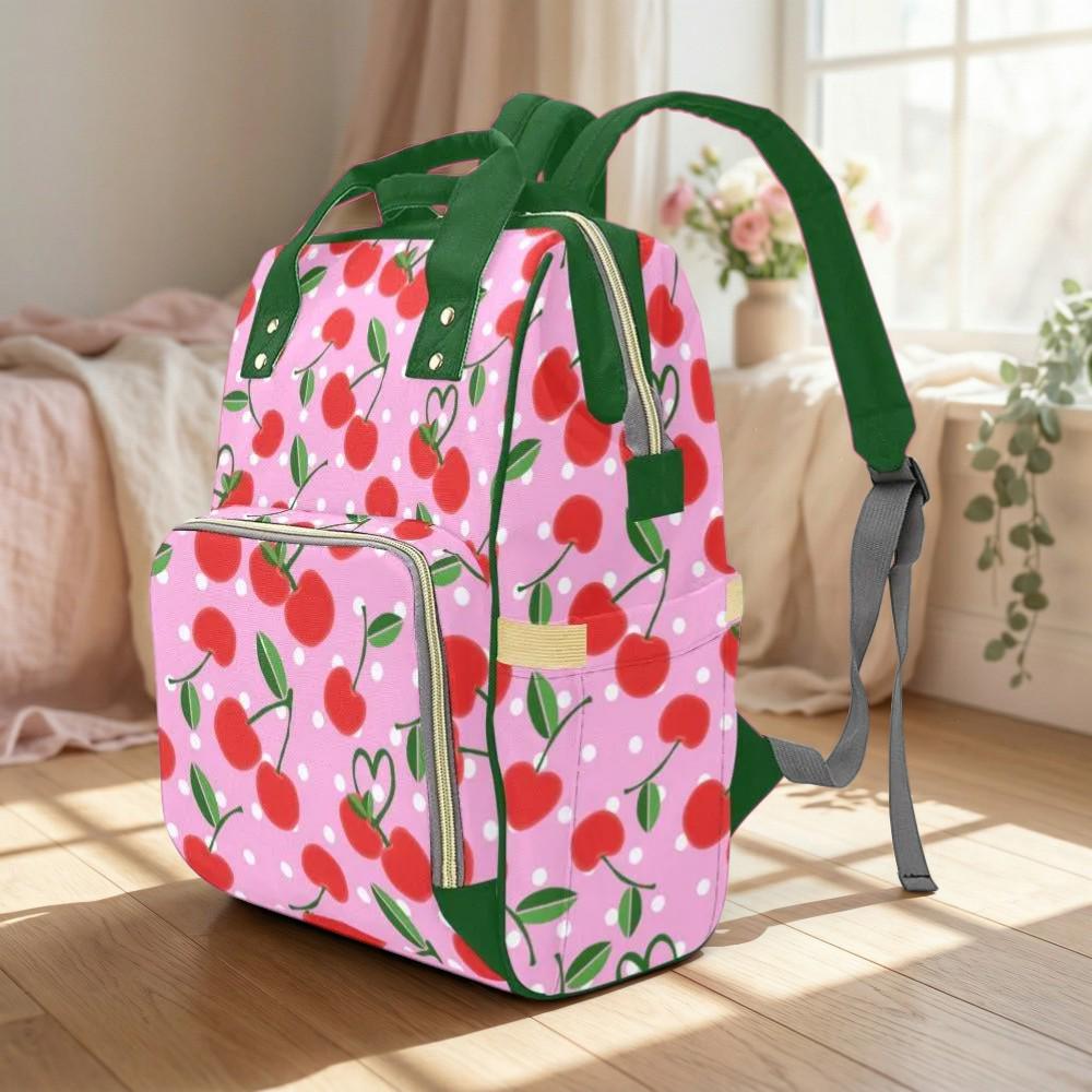 Pink Cherry Polka Dot Backpack, Kawaii Diaper Bag