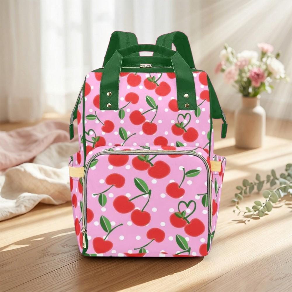 Pink Cherry Polka Dot Backpack, Kawaii Diaper Bag