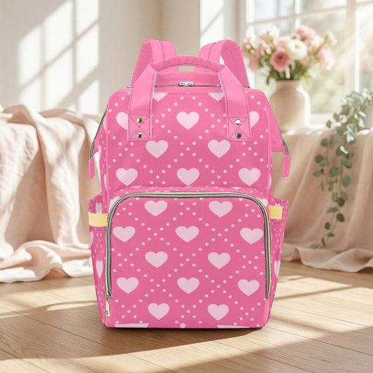 Diaper Bag Backpack Pink Hearts, Mom Backpack, Baby Travel Bag, Nursery Organizer Tote
