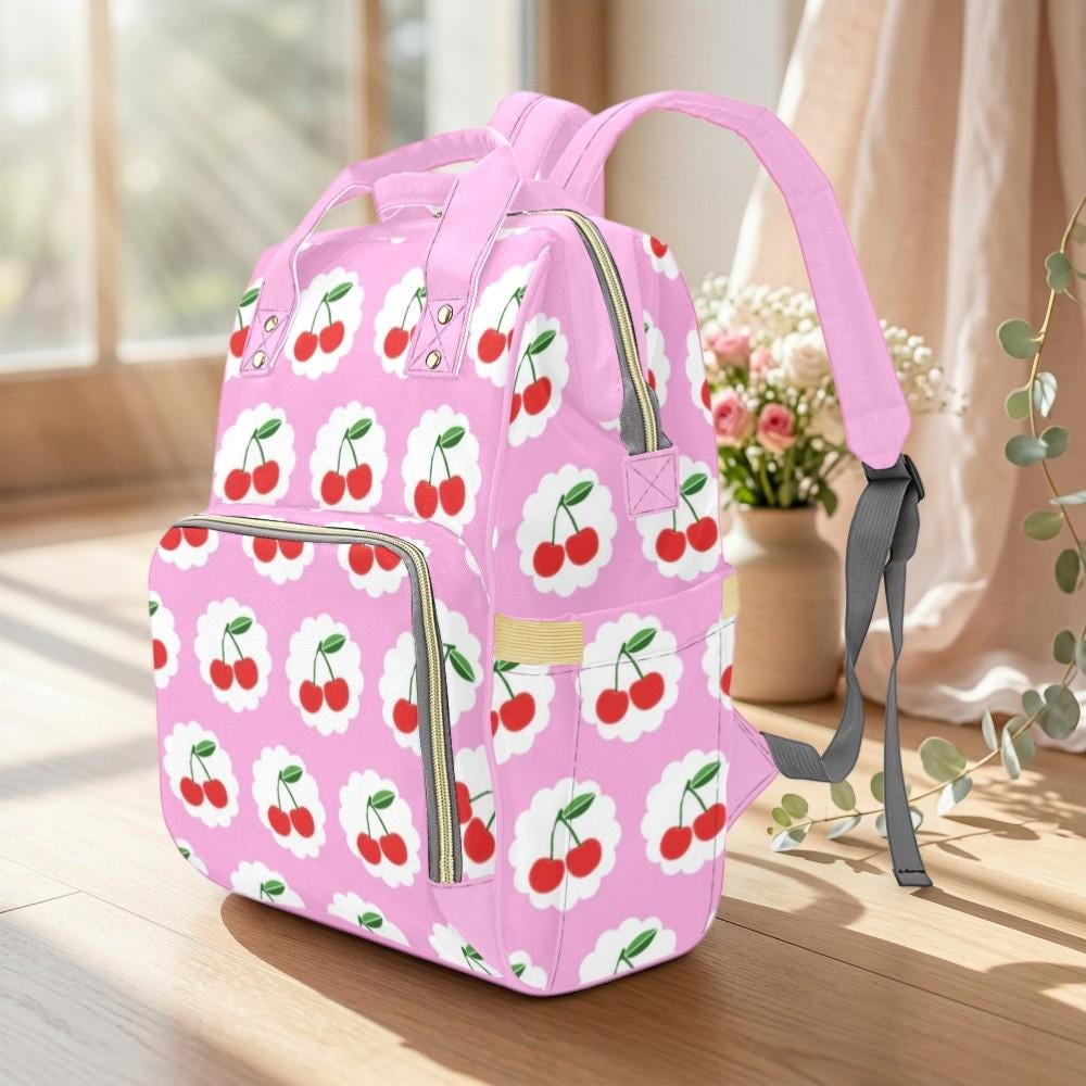 Cherry Diaper Backpack, Baby Travel Bag, Stroller Bag, Retro Mom Bag for Girls