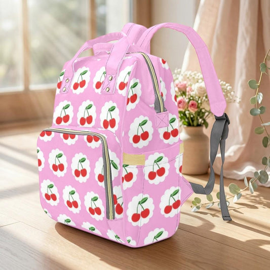 Cherry Diaper Backpack, Baby Travel Bag, Stroller Bag, Retro Mom Bag for Girls