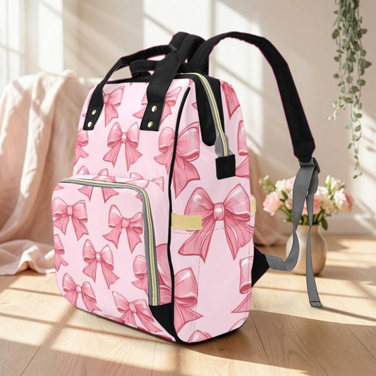 Pink Bow Print Diaper Bag, Kawaii Nylon Backpack