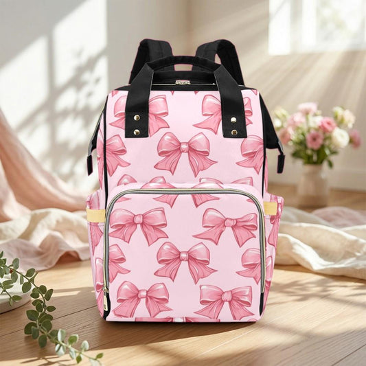 Pink Bow Print Diaper Bag, Kawaii Nylon Backpack