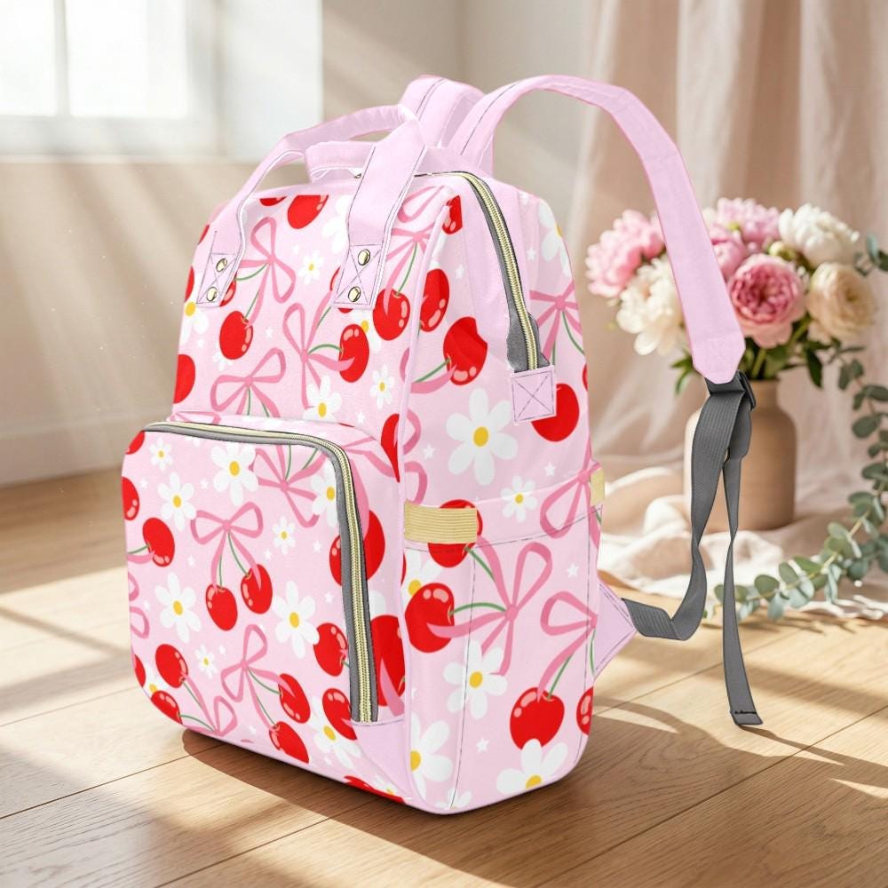 Coquette Cherry Diaper Bag Backpack, Baby Girl Travel Pack, Bow Nursery Organizer