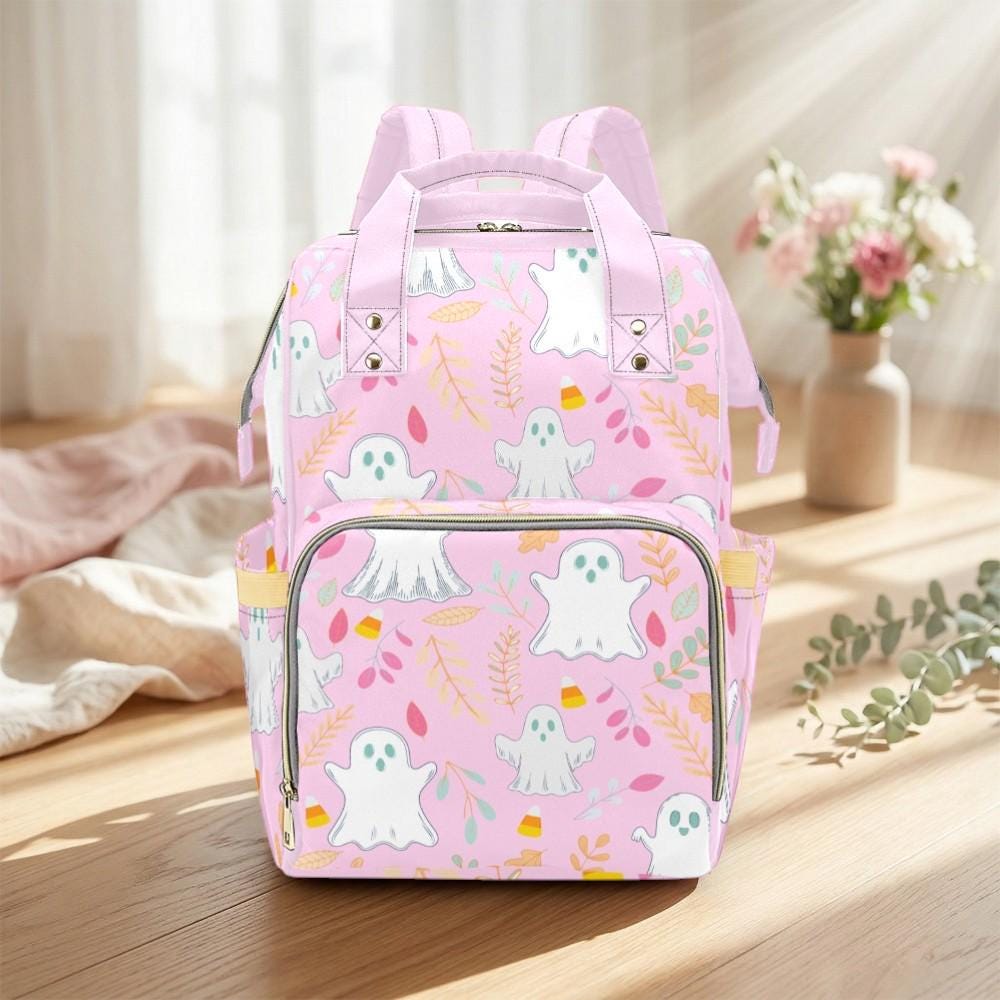 Halloween Diaper Bag Backpack, Ghost Mom Bag, Baby Travel Bag, Pink Stroller Organizer