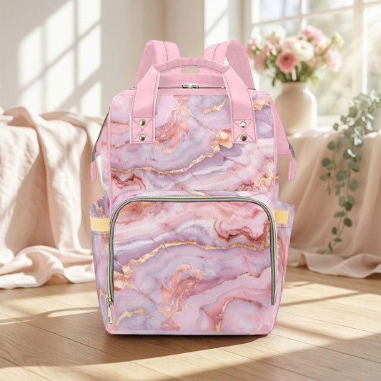 Pink Marble Diaper Bag Backpack, Baby Travel Bag, Stylish Mom Bag