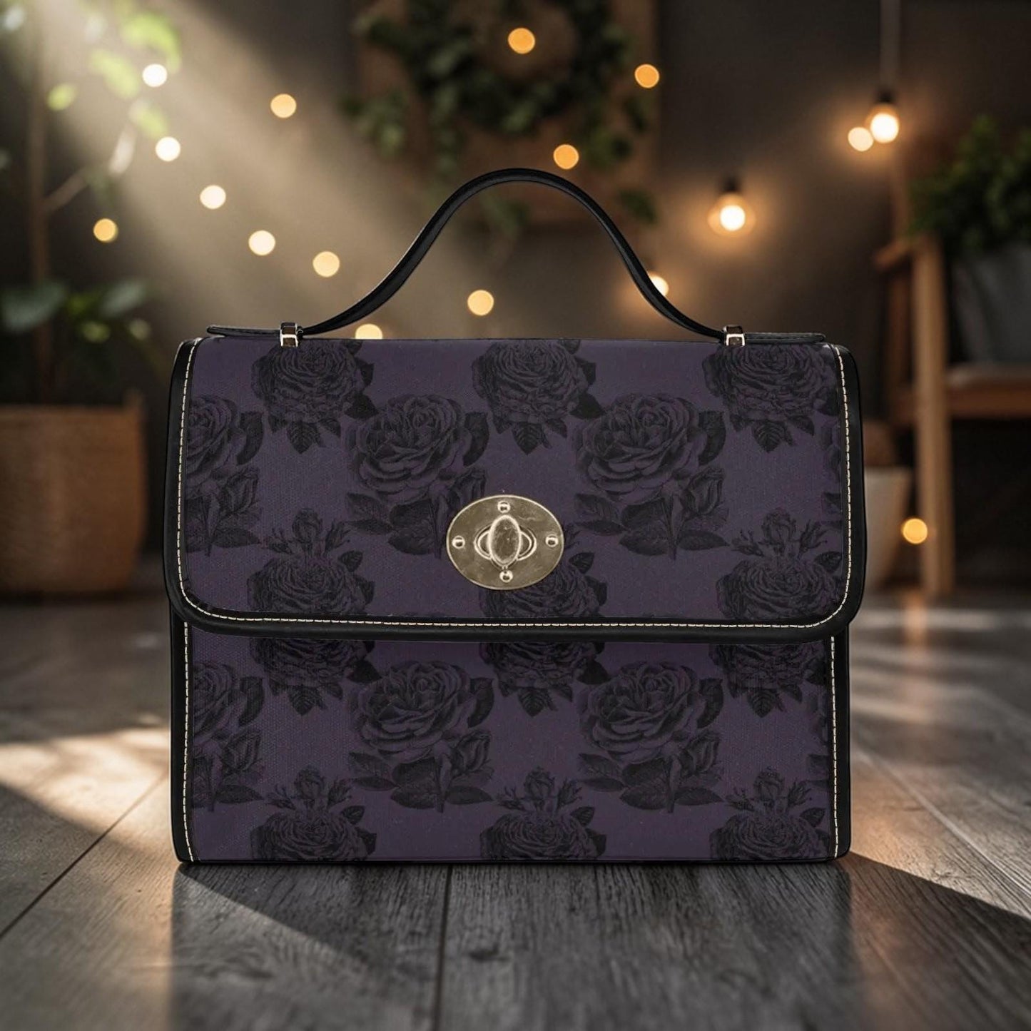 Dark Floral Handbag, Purple Rose Top Handle Purse, Victorian Satchel Bag