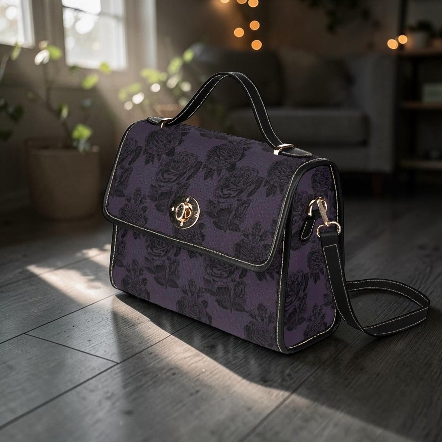 Dark Floral Handbag, Purple Rose Top Handle Purse, Victorian Satchel Bag