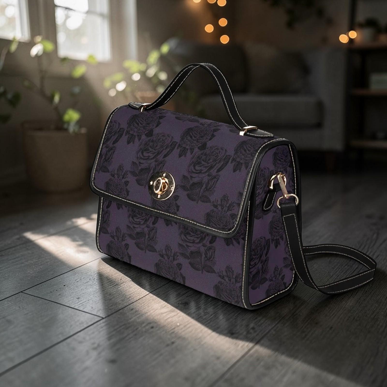 Dark Floral Handbag, Purple Rose Top Handle Purse, Victorian Satchel Bag