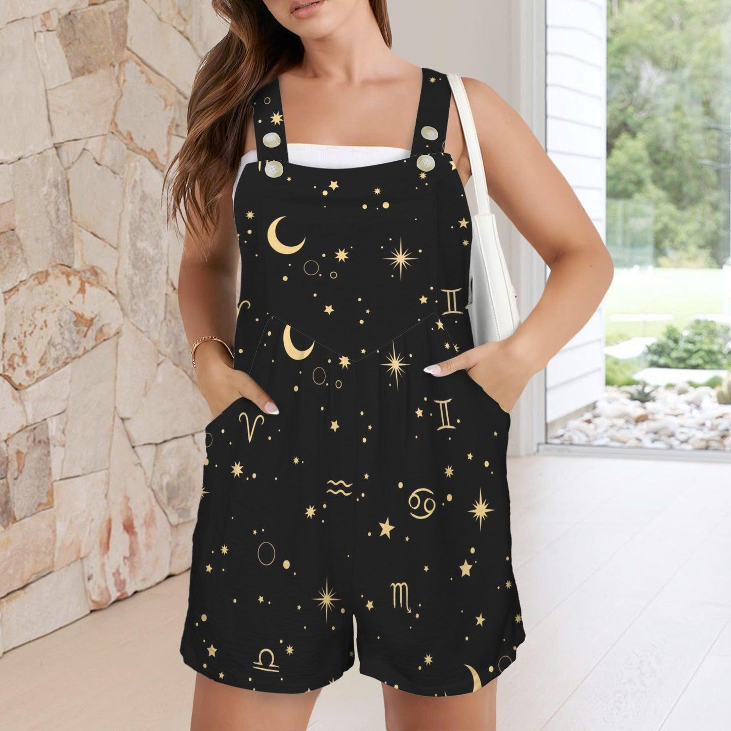 Zodiac Shortalls Romper, Moon Star Overall Shorts, Astrology Loungewear Outfit