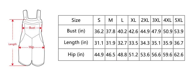 a pair of overalls with measurements and sizes listed below them.