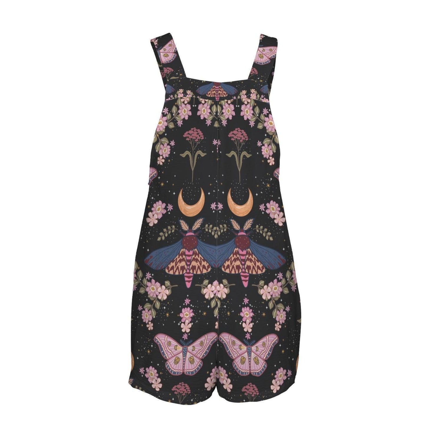 Celestial Moth Romper for Women, Floral Overall Shorts, Cottagecore Summer Playsuit