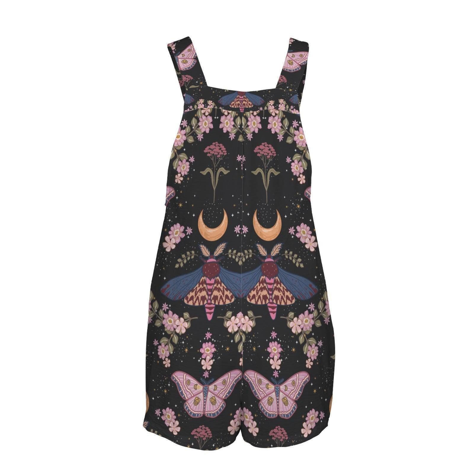 Celestial Moth Romper for Women, Floral Overall Shorts, Cottagecore Summer Playsuit
