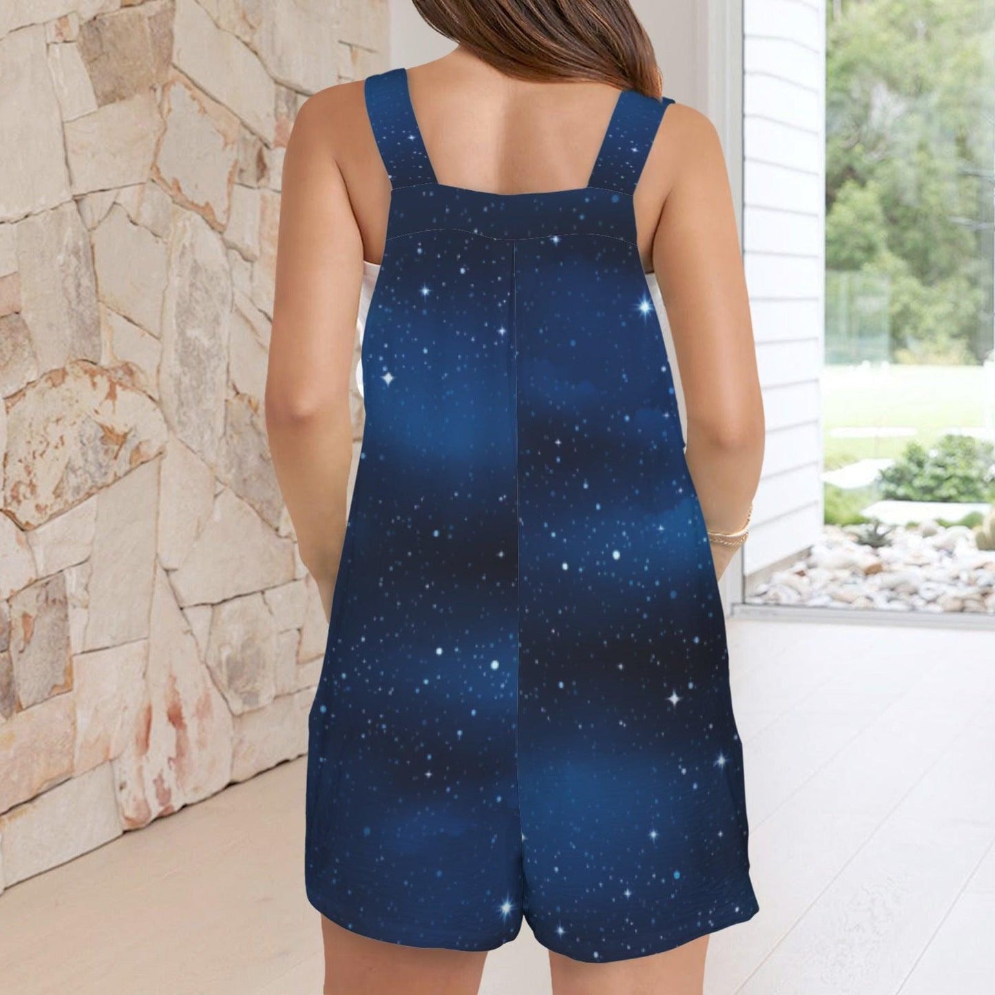 Galaxy Overall Romper for Women, Celestial Shortalls with Pockets, Night Sky Bib Shorts Outfit