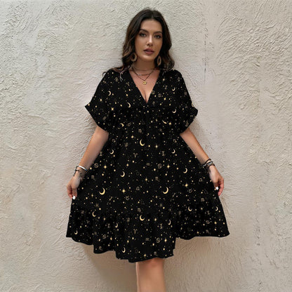 Celestial Dress, Black Zodiac Star Moon Babydoll Mini Dress, Boho Astrology Sundress