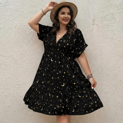 Celestial Dress, Black Zodiac Star Moon Babydoll Mini Dress, Boho Astrology Sundress