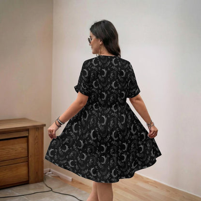 Black Moon Phase Midi Dress, Celestial Botanical Tiered Boho Outfit