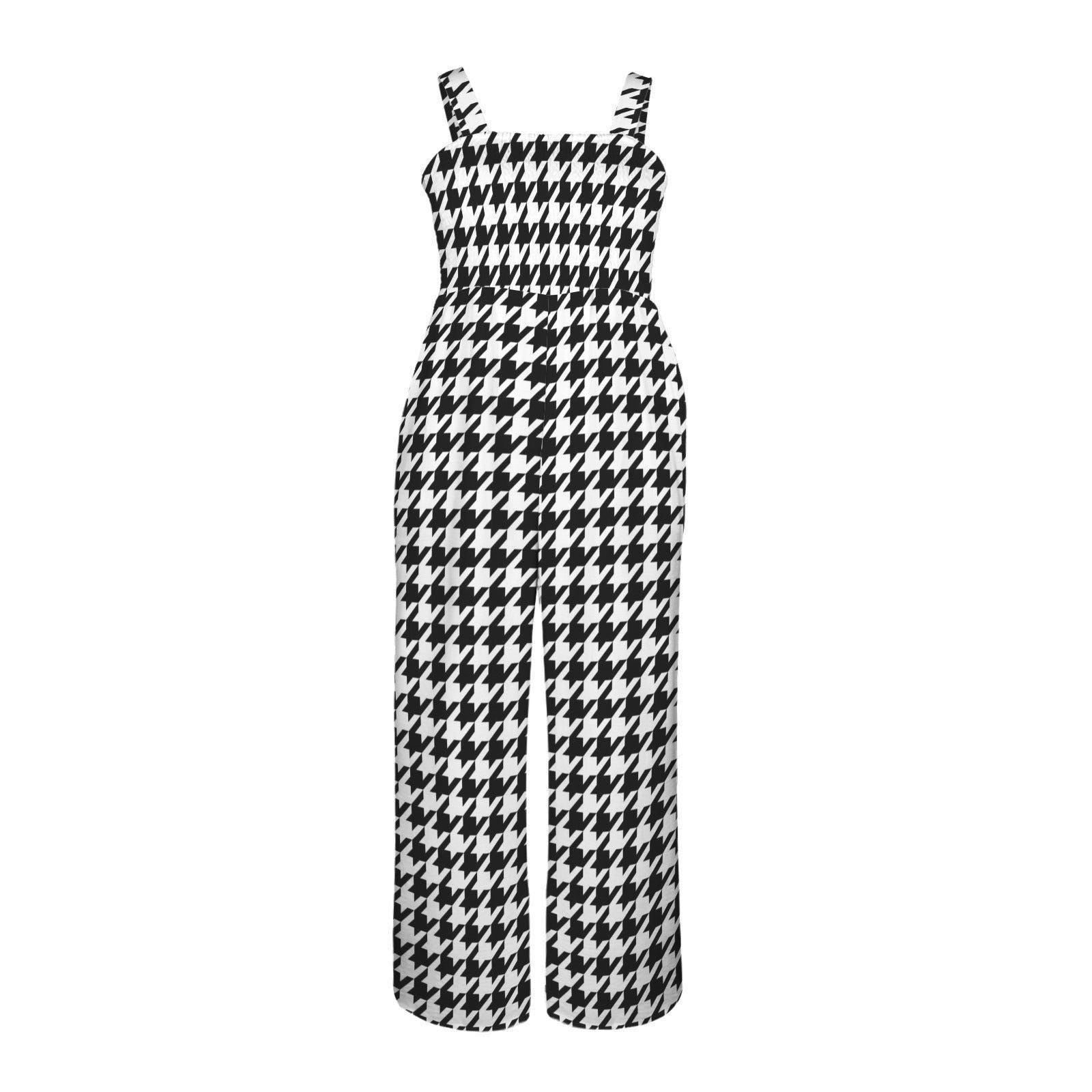 Black White Houndstooth Jumpsuit, Wide Leg Summer Overalls, Chic Resort Outfit for Women