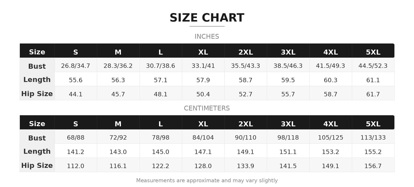 a size chart with measurements for bust, length, hip size, and waist. The chart provides the corresponding measurements in inches for each size category, such as 5XL, 2XL, 3XL, and 4XL. The measurements are rounded to the nearest inch, and the chart includes a note that measurements may vary slightly.