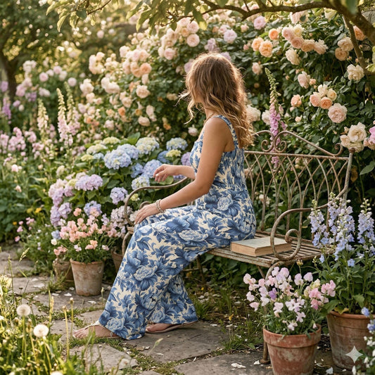 Blue floral wide leg jumpsuit, toile print romper, garden party dress, cottagecore summer outfit