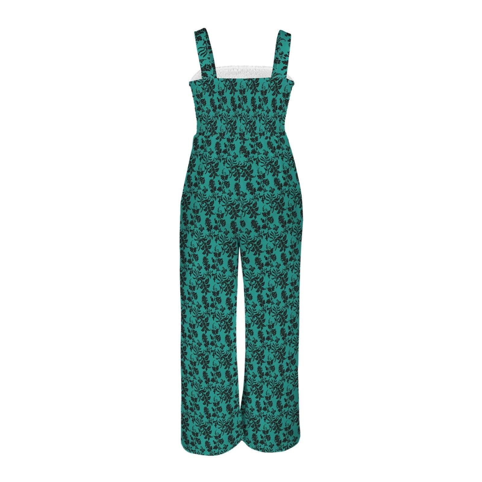 Teal Damask Wide Leg Jumpsuit, Baroque Print Sleeveless Resort One Piece