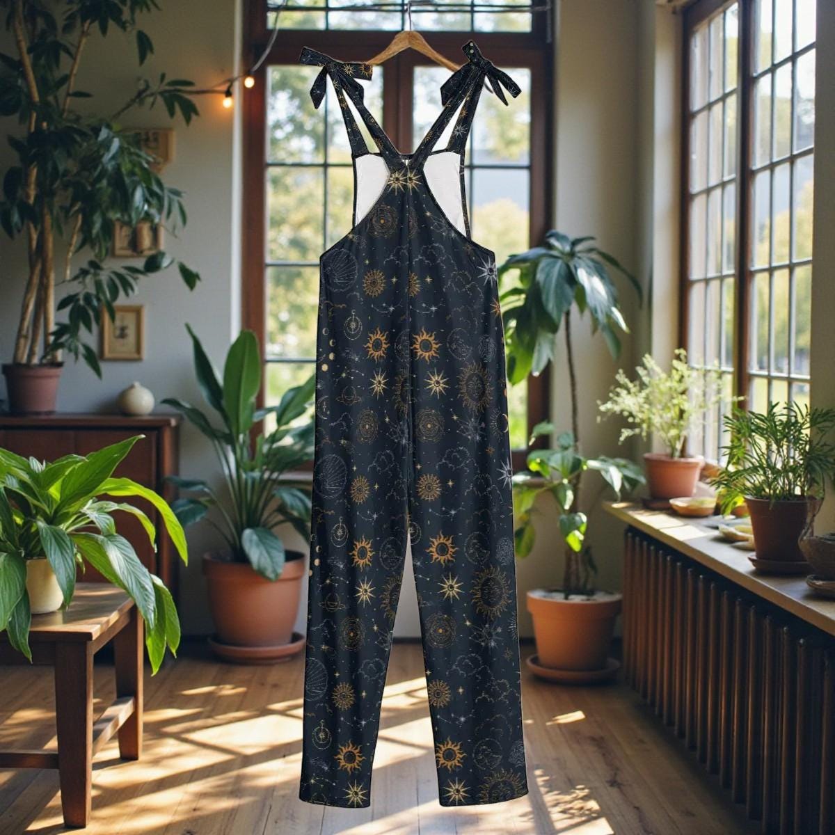 Celestial Sun Moon Dungarees, Cosmic Wide Leg Overalls, Festival Rave Outfit, Gothic Alternative Fashion