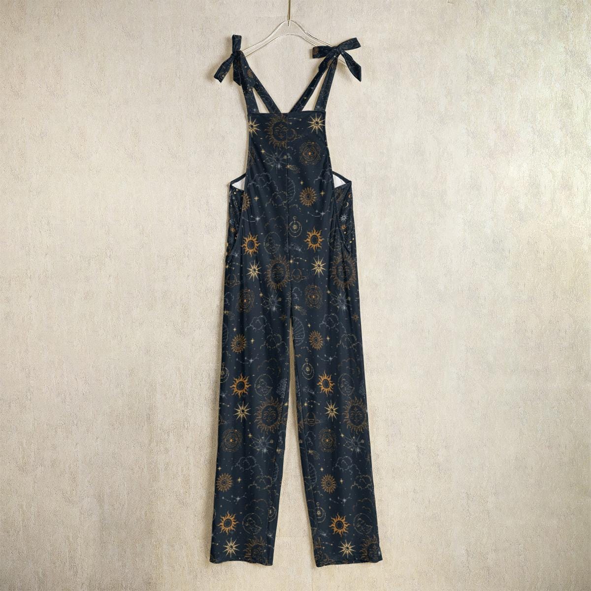 Celestial Sun Moon Dungarees, Cosmic Wide Leg Overalls, Festival Rave Outfit, Gothic Alternative Fashion