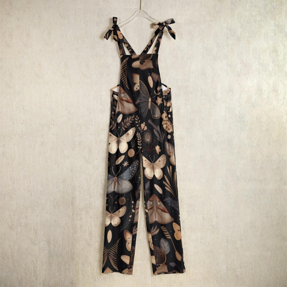 Nocturnal Moth Dungarees, Wide Leg Insect Print Jumpsuit with Ribbon Straps, Organic Forest Fashion