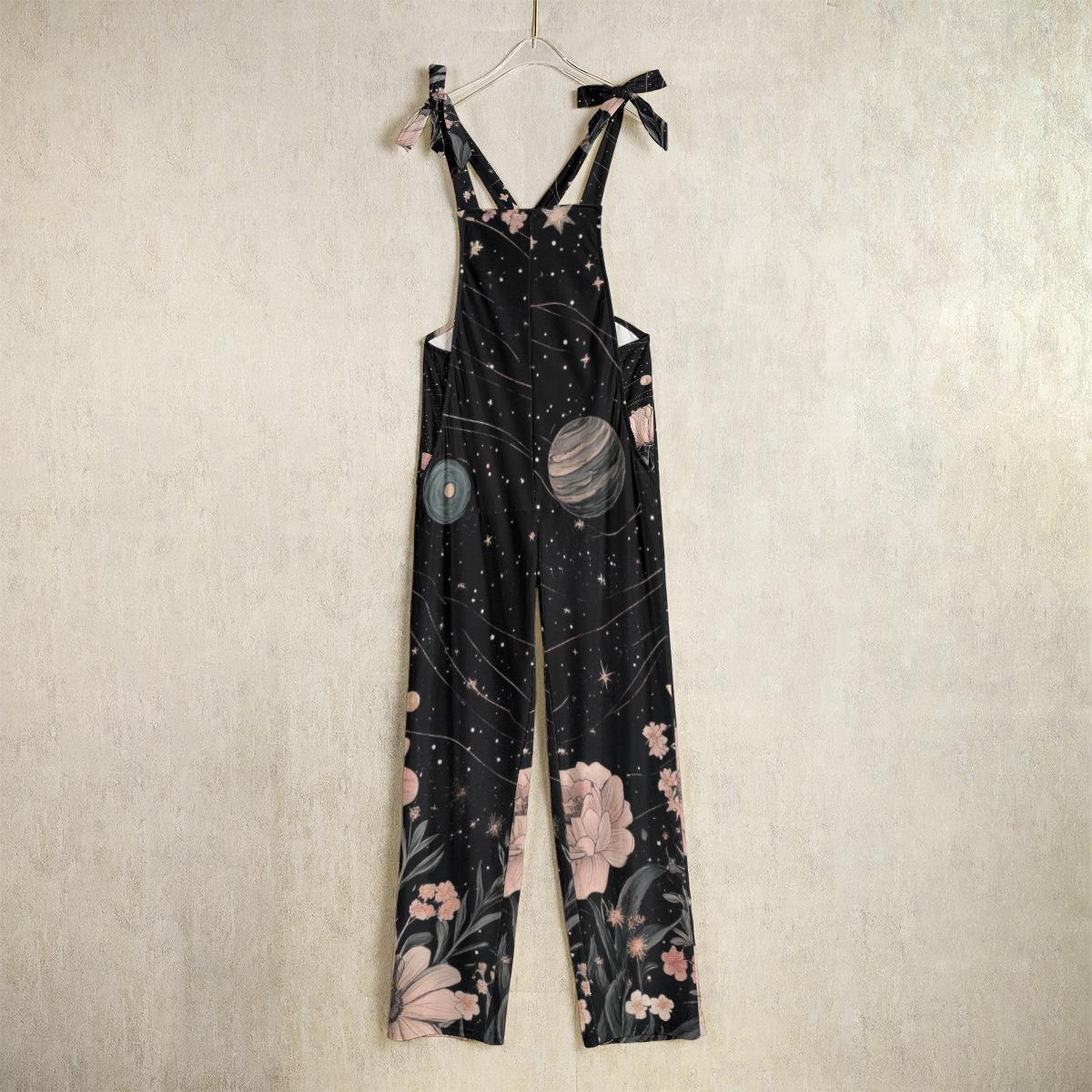 Celestial floral jumpsuit, galaxy print overalls, cosmic boho festival outfit, witchy space clothing for women