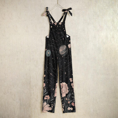 Celestial floral jumpsuit, galaxy print overalls, cosmic boho festival outfit, witchy space clothing for women