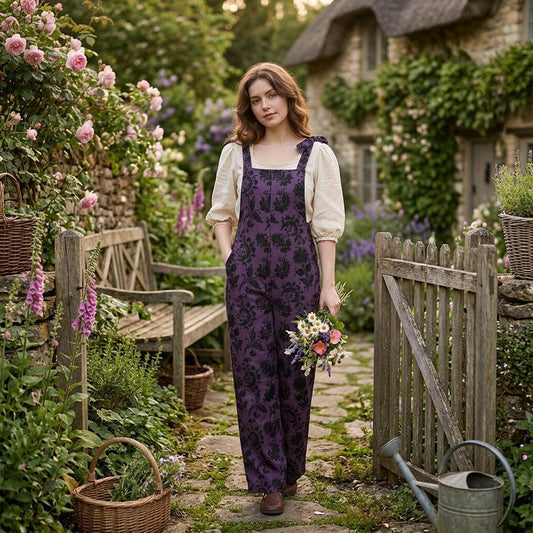 Purple gothic floral dungarees, wide leg overalls, festival fashion, witchy streetwear, dark romantic jumpsuit