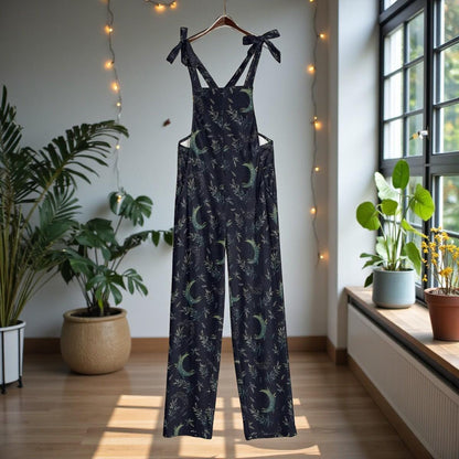 Moon Phase Botanical Jumpsuit, Wide Leg Overalls with Adjustable Straps, Celestial Garden Print Lounge Outfit