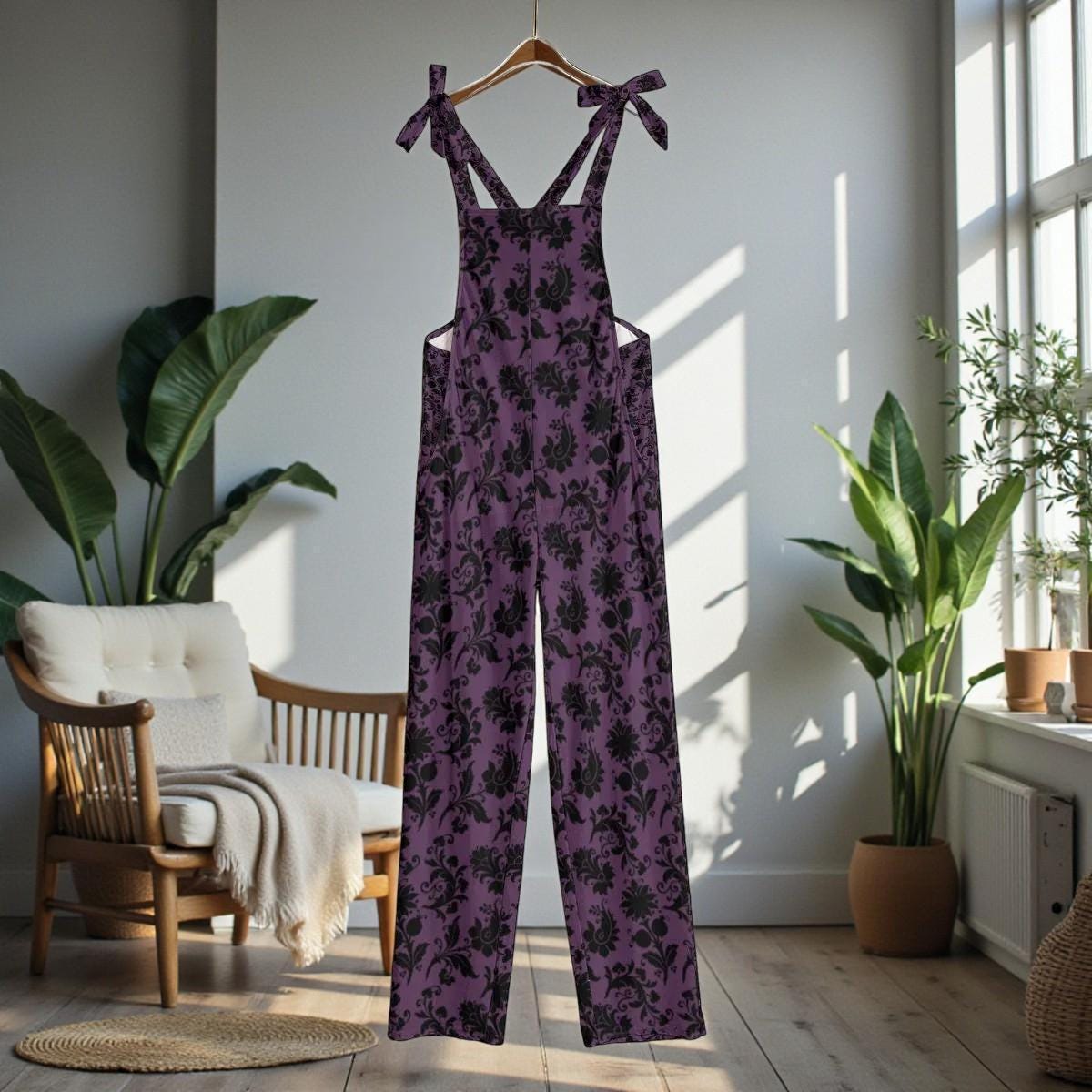 Purple gothic floral dungarees, wide leg overalls, festival fashion, witchy streetwear, dark romantic jumpsuit