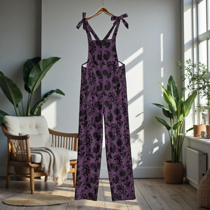 Purple gothic floral dungarees, wide leg overalls, festival fashion, witchy streetwear, dark romantic jumpsuit
