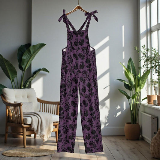 Purple gothic floral dungarees, wide leg overalls, festival fashion, witchy streetwear, dark romantic jumpsuit