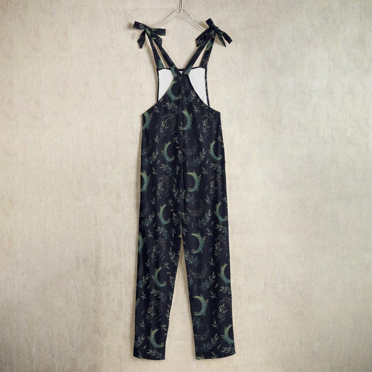 Moon Phase Botanical Jumpsuit, Wide Leg Overalls with Adjustable Straps, Celestial Garden Print Lounge Outfit