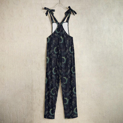 Moon Phase Botanical Jumpsuit, Wide Leg Overalls with Adjustable Straps, Celestial Garden Print Lounge Outfit