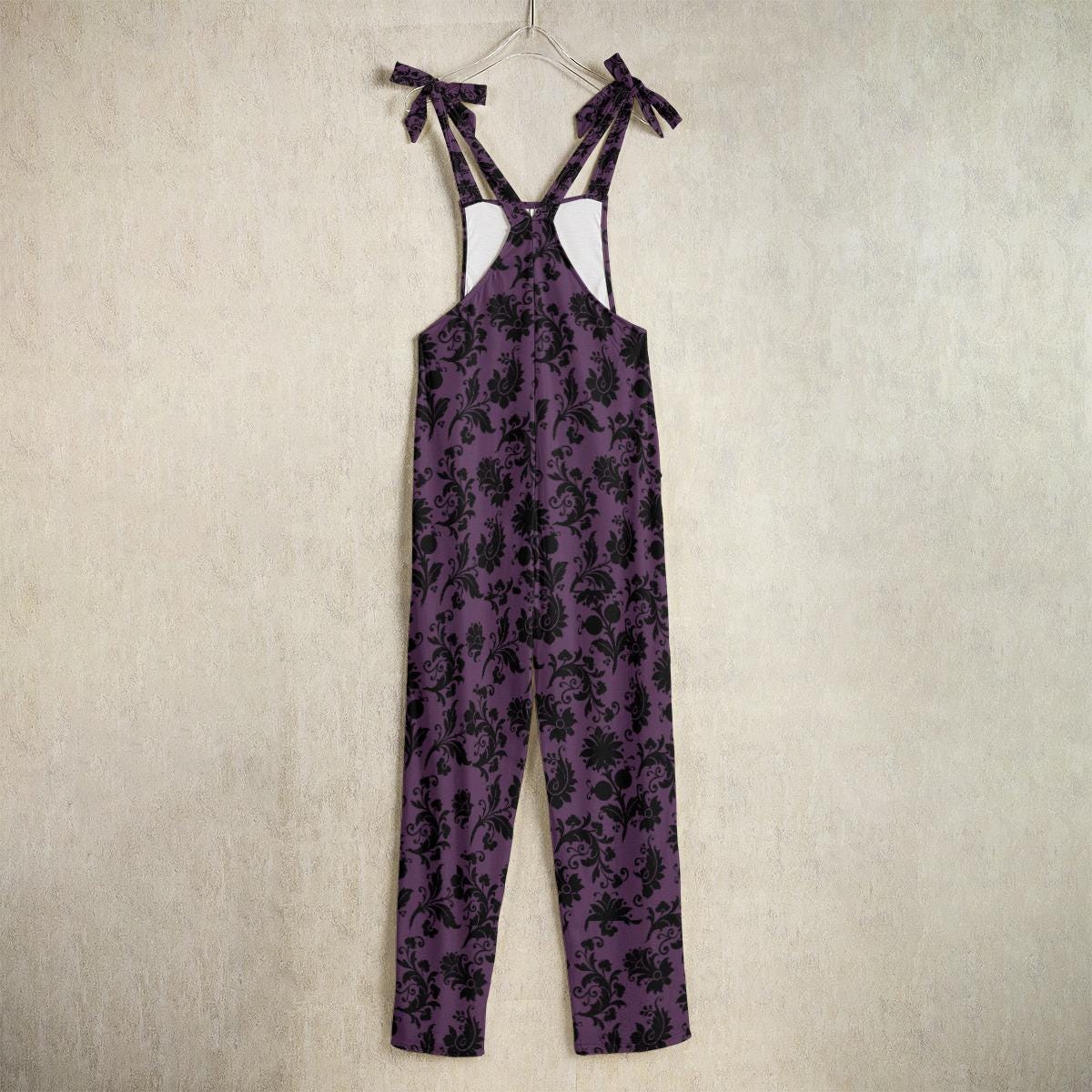 Purple gothic floral dungarees, wide leg overalls, festival fashion, witchy streetwear, dark romantic jumpsuit