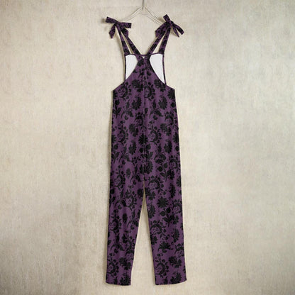 Purple gothic floral dungarees, wide leg overalls, festival fashion, witchy streetwear, dark romantic jumpsuit