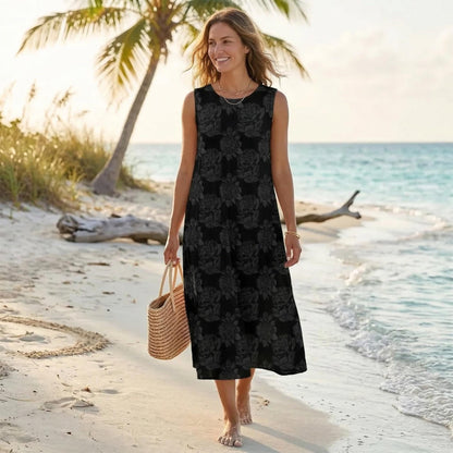 Black Floral Midi Dress, Sleeveless Beach Dress, Vacation Sundress